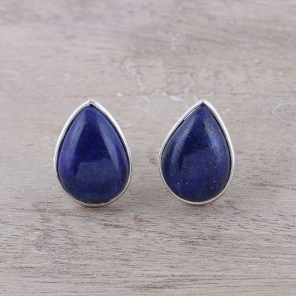 Teardrop Lapis Lazuli Button Earrings from India 'Mystic Tears'