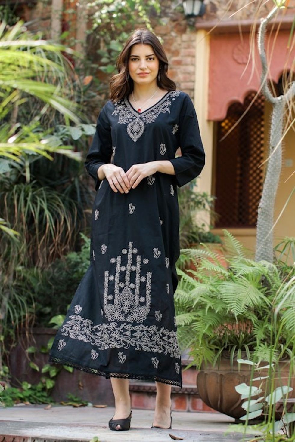 Cotton Maxi Dress with Chikankari Hand Embroidery 'Midnight Bliss'