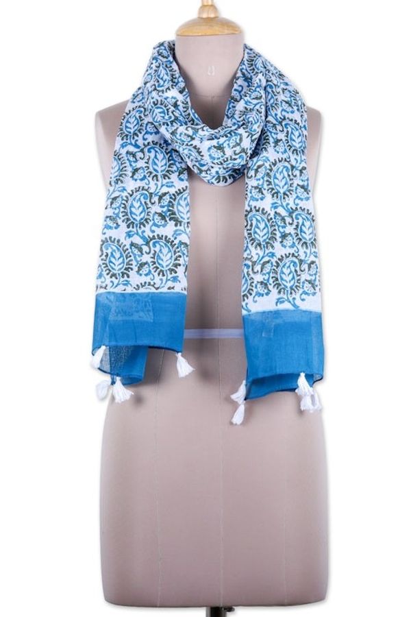 Alternate image for Block-Printed Cotton Scarf with Azure Paisley Pattern Paisley Heaven