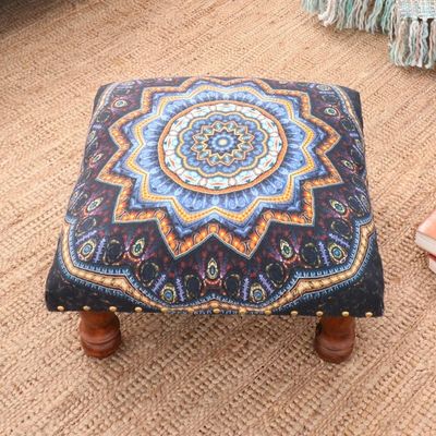 Alternate image for Multicolored Mandala Motif Ottoman with Wood Legs Floral Ignite