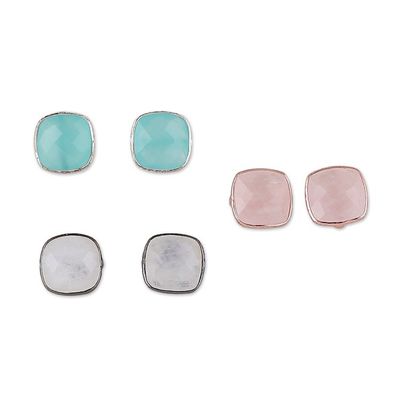 Alternate image for Polished Square-Shaped Gemstone Stud Earrings Set of 3 Heavenly Feelings