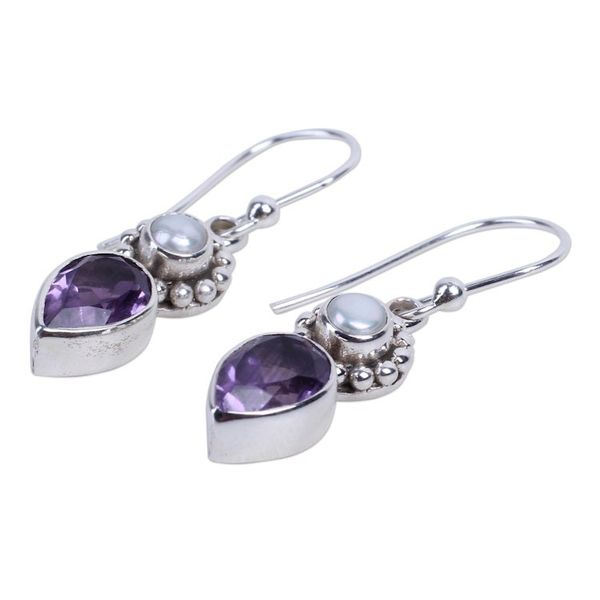 Alternate image for Amethyst and Cultured Pearl Earrings in Sterling Silver Amethyst Tear