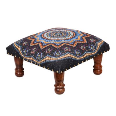 Alternate image for Multicolored Mandala Motif Ottoman with Wood Legs Floral Ignite