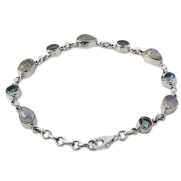 Alternate image for Blue Topaz and Rainbow Moonstone Gemstone Station Bracelet Misty Sky