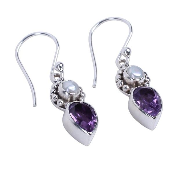 Alternate image for Amethyst and Cultured Pearl Earrings in Sterling Silver Amethyst Tear