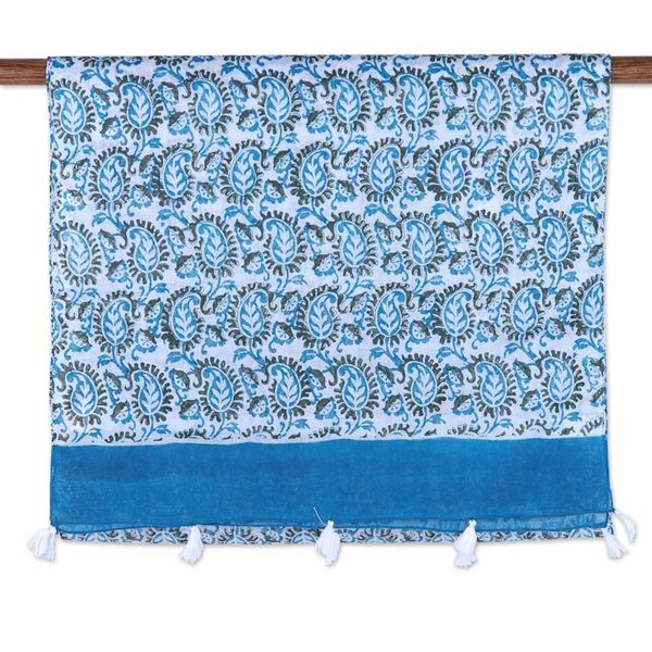 Alternate image for Block-Printed Cotton Scarf with Azure Paisley Pattern Paisley Heaven