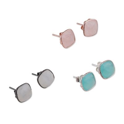 Alternate image for Polished Square-Shaped Gemstone Stud Earrings Set of 3 Heavenly Feelings
