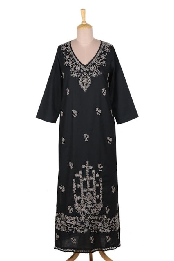 Alternate image for Cotton Maxi Dress with Chikankari Hand Embroidery Midnight Bliss