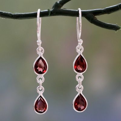 Alternate image for Polished Silver Dangle Earrings with Pear Shaped Garnets Mystical Femme