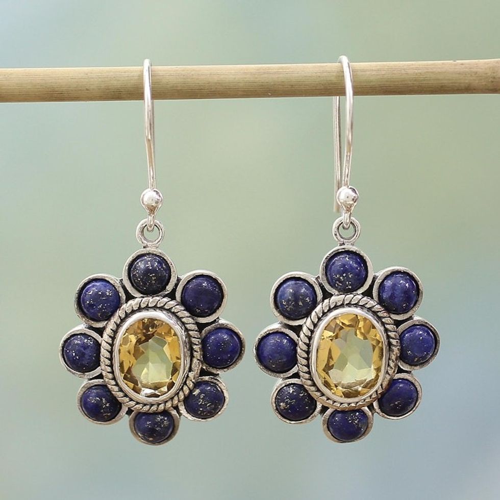 Citrine Lapis Lazuli Sterling Silver Dangle Earrings 'Sunny Blue'