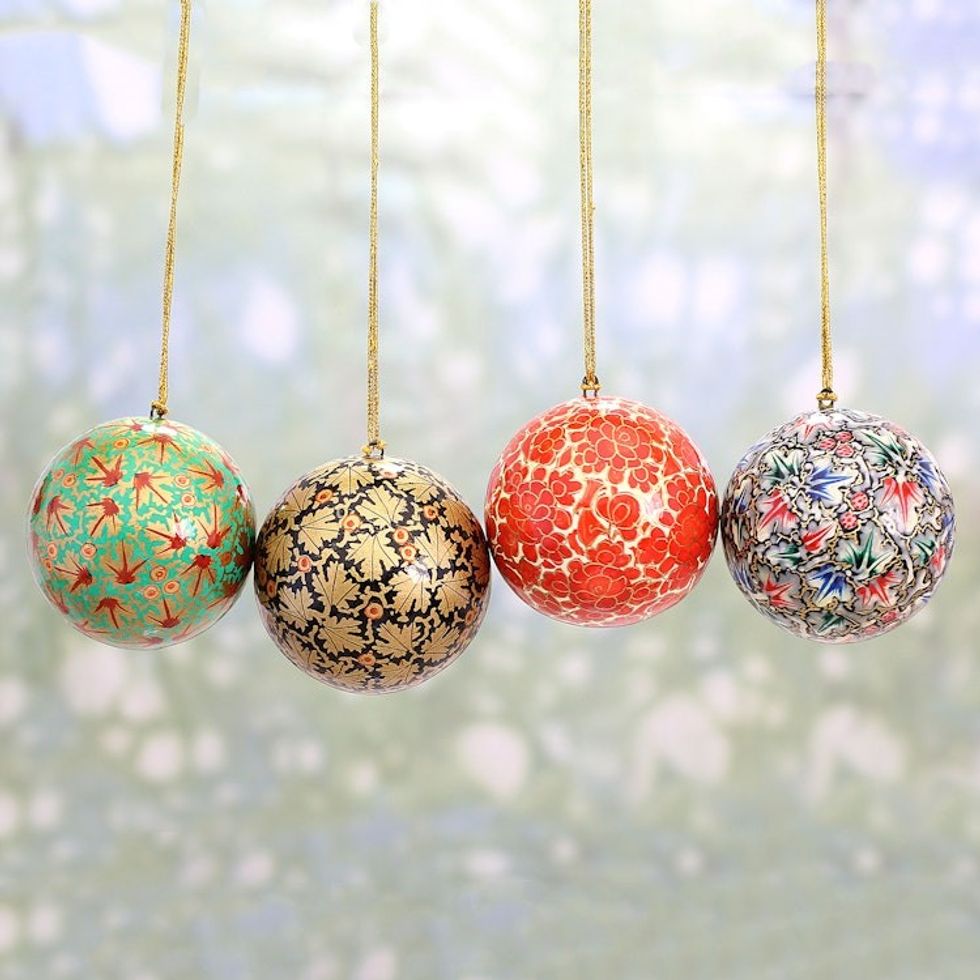 Set of Four Round Colorful Papier Mache Ornaments from India 'Alluring Baubles'