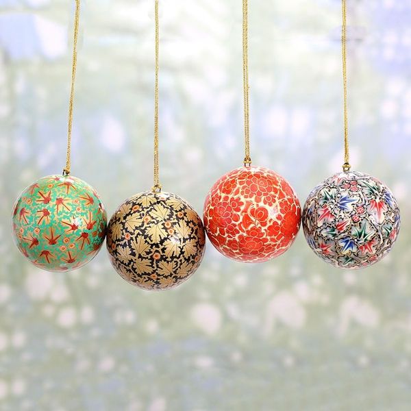 Alternate image for Set of Four Round Colorful Papier Mache Ornaments from India Alluring Baubles