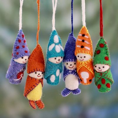 Alternate image for Set of 6 Handmade Wool Ornaments from India Babies in Snowsuits