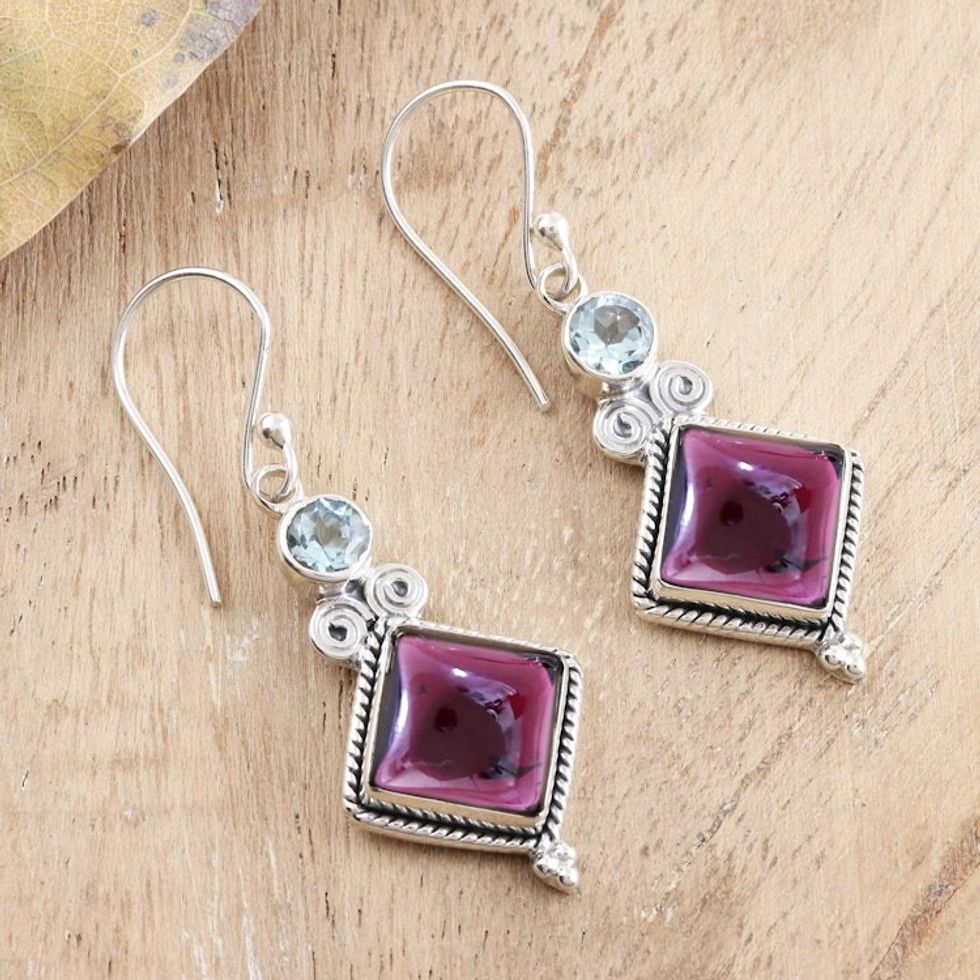 Garnet and Blue Topaz Dangle Earrings 'Faceted Fascination'
