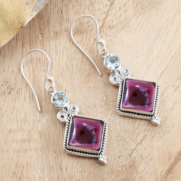 Alternate image for Garnet and Blue Topaz Dangle Earrings Faceted Fascination