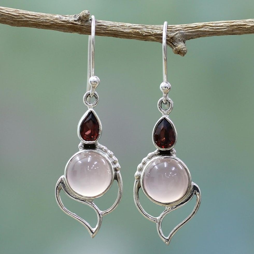 Garnet and Chalcedony Dangle Earrings from India 'Pink Crest'