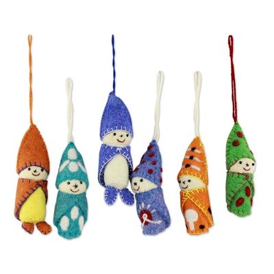 Alternate image for Set of 6 Handmade Wool Ornaments from India Babies in Snowsuits