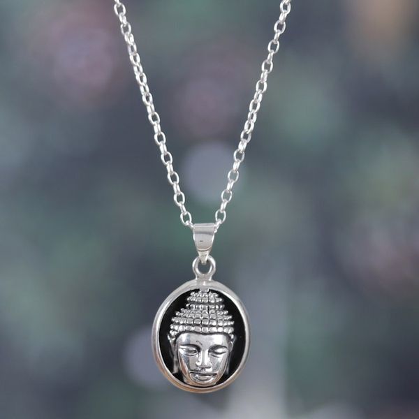 Alternate image for Mens Sterling Silver Pendant Necklace with Buddha Motif Pensive Buddha