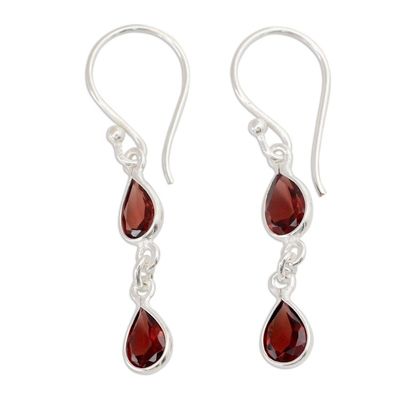 Alternate image for Polished Silver Dangle Earrings with Pear Shaped Garnets Mystical Femme