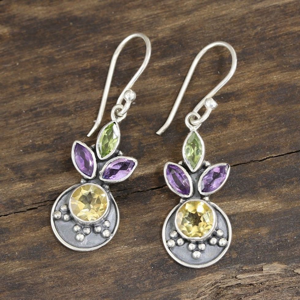 3-Carat Multi-Gemstone Dangle Earrings from India 'Glittering Melody'