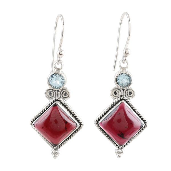 Alternate image for Garnet and Blue Topaz Dangle Earrings Faceted Fascination