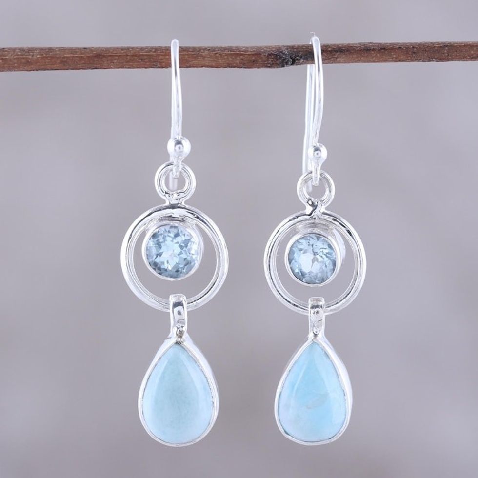 Larimar and Blue Topaz Dangle Earrings from India 'Gleaming Daylight'