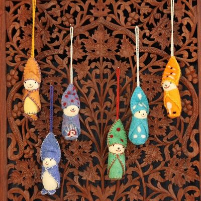 Alternate image for Set of 6 Handmade Wool Ornaments from India Babies in Snowsuits