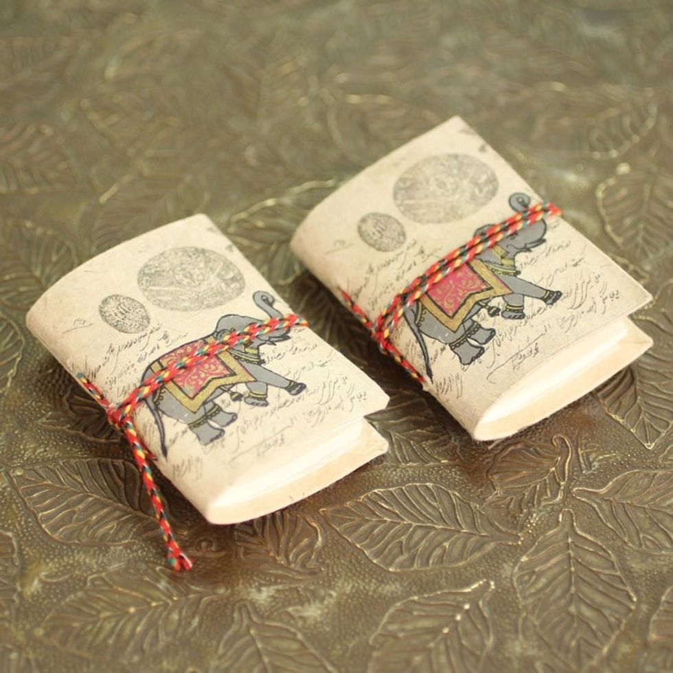 2 Handmade Paper Journals from India with Marching Elephants 'Royal Stride'