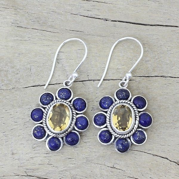 Alternate image for Citrine Lapis Lazuli Sterling Silver Dangle Earrings Sunny Blue