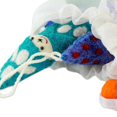 Alternate image for Set of 6 Handmade Wool Ornaments from India Babies in Snowsuits