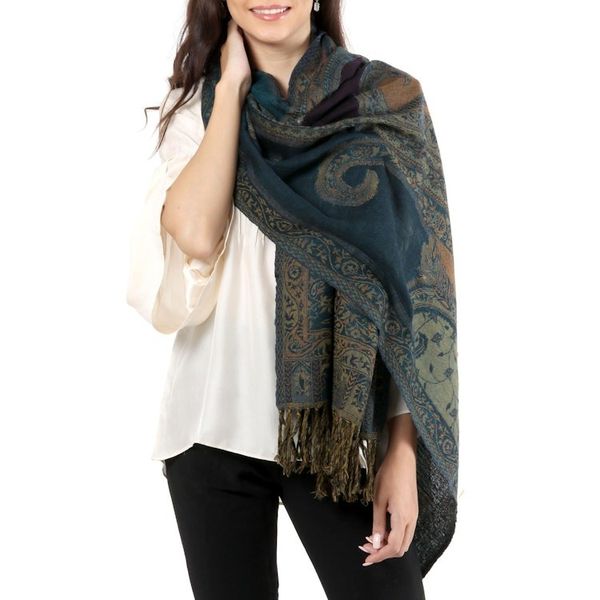 Alternate image for Handwoven Jamawar Wool Shawl in Teal from India Himalayan Heirloom in Teal