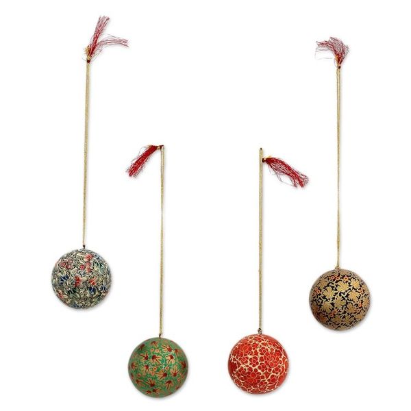 Alternate image for Set of Four Round Colorful Papier Mache Ornaments from India Alluring Baubles