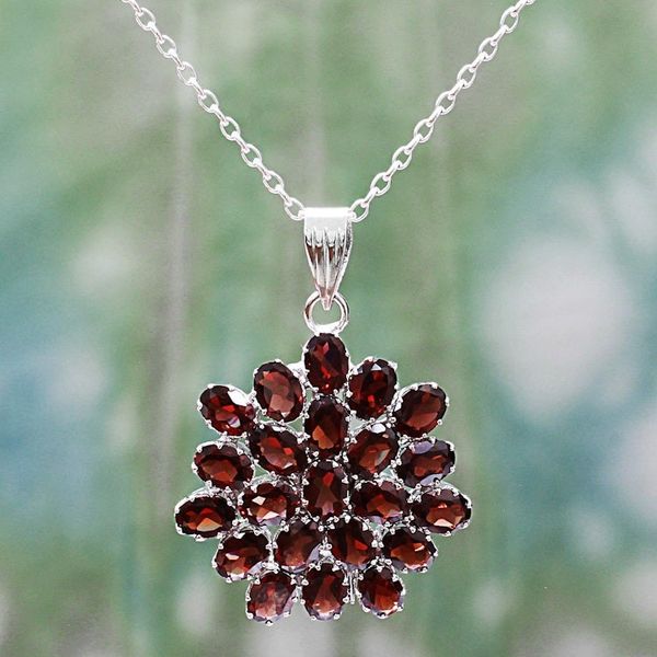 Alternate image for Hand Made Sterling Silver Garnet Pendant Necklace India Red Sunflower