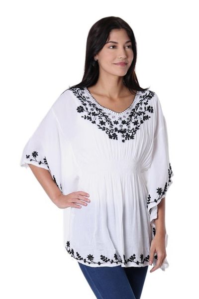 Alternate image for Floral Embroidered Viscose Caftan from India Midnight Trellis