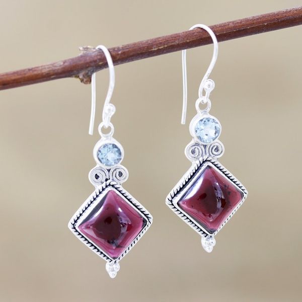 Alternate image for Garnet and Blue Topaz Dangle Earrings Faceted Fascination