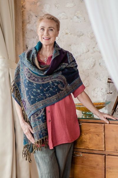 Alternate image for Handwoven Jamawar Wool Shawl in Teal from India Himalayan Heirloom in Teal