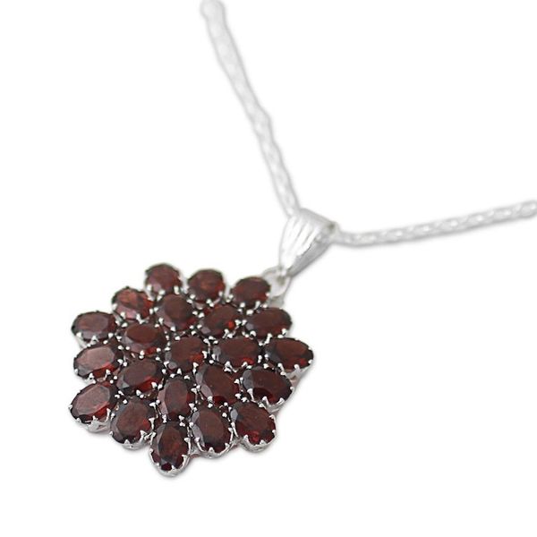 Alternate image for Hand Made Sterling Silver Garnet Pendant Necklace India Red Sunflower