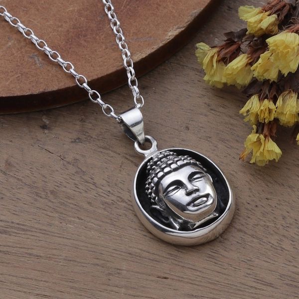 Alternate image for Mens Sterling Silver Pendant Necklace with Buddha Motif Pensive Buddha