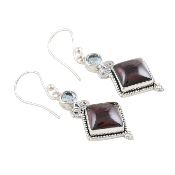 Alternate image for Garnet and Blue Topaz Dangle Earrings Faceted Fascination