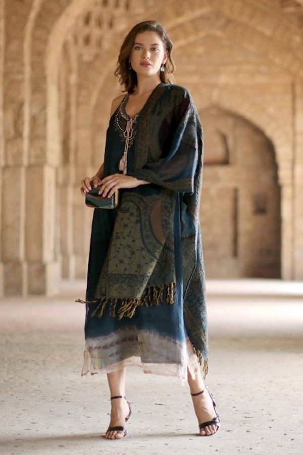 Alternate image for Handwoven Jamawar Wool Shawl in Teal from India Himalayan Heirloom in Teal