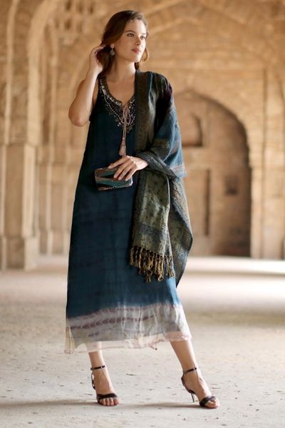 Alternate image for Handwoven Jamawar Wool Shawl in Teal from India Himalayan Heirloom in Teal