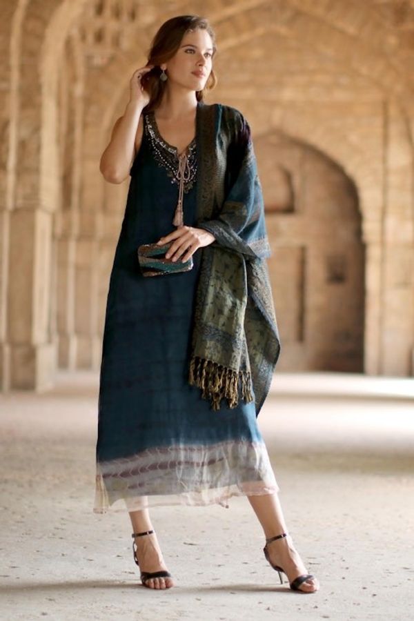 Alternate image for Handwoven Jamawar Wool Shawl in Teal from India Himalayan Heirloom in Teal