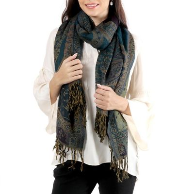 Alternate image for Handwoven Jamawar Wool Shawl in Teal from India Himalayan Heirloom in Teal