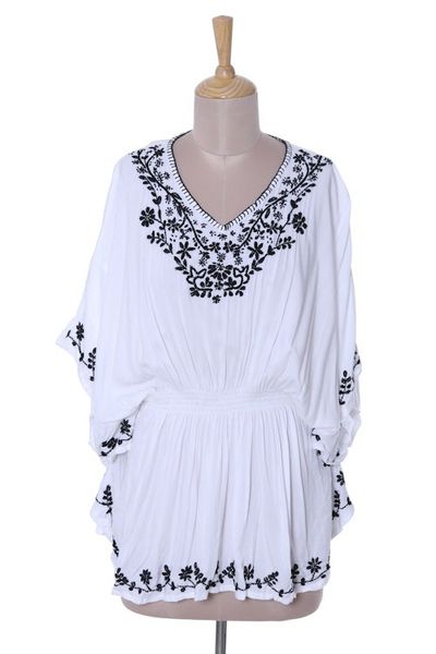 Alternate image for Floral Embroidered Viscose Caftan from India Midnight Trellis