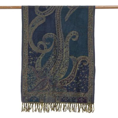 Alternate image for Handwoven Jamawar Wool Shawl in Teal from India Himalayan Heirloom in Teal