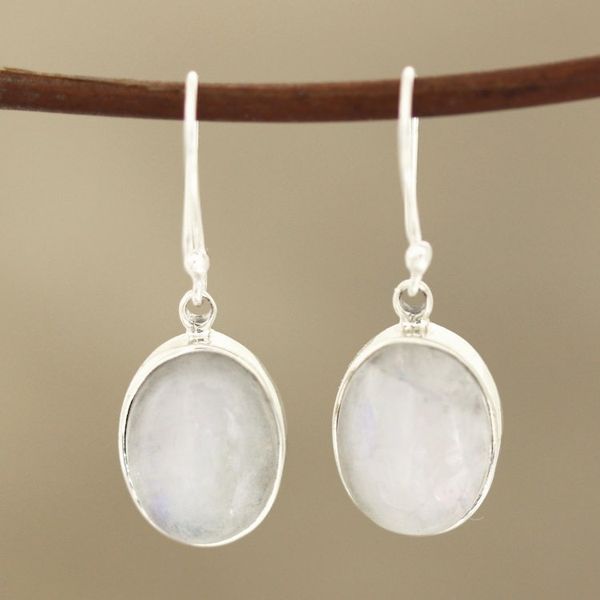 Alternate image for Natural Rainbow Moonstone Dangle Earrings from India Eternal Ovals