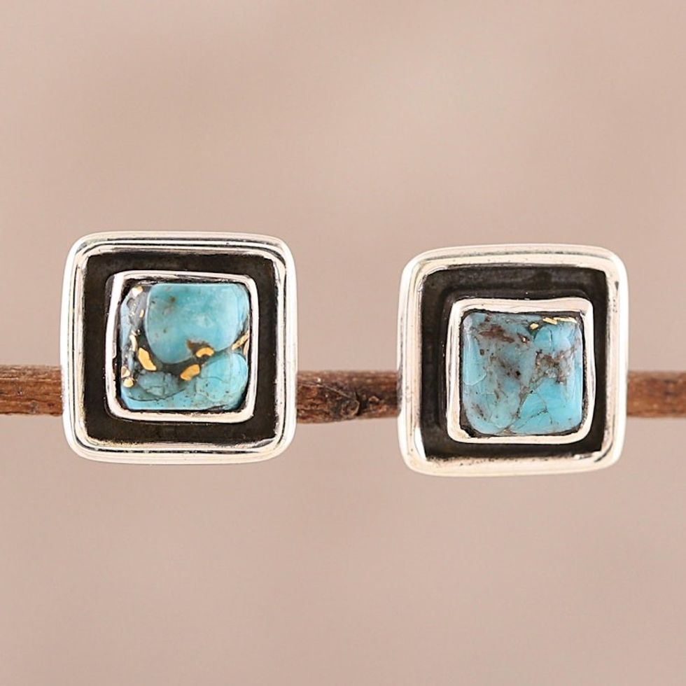 Square Sterling Silver and Composite Turquoise Stud Earrings 'Mystic Frame'