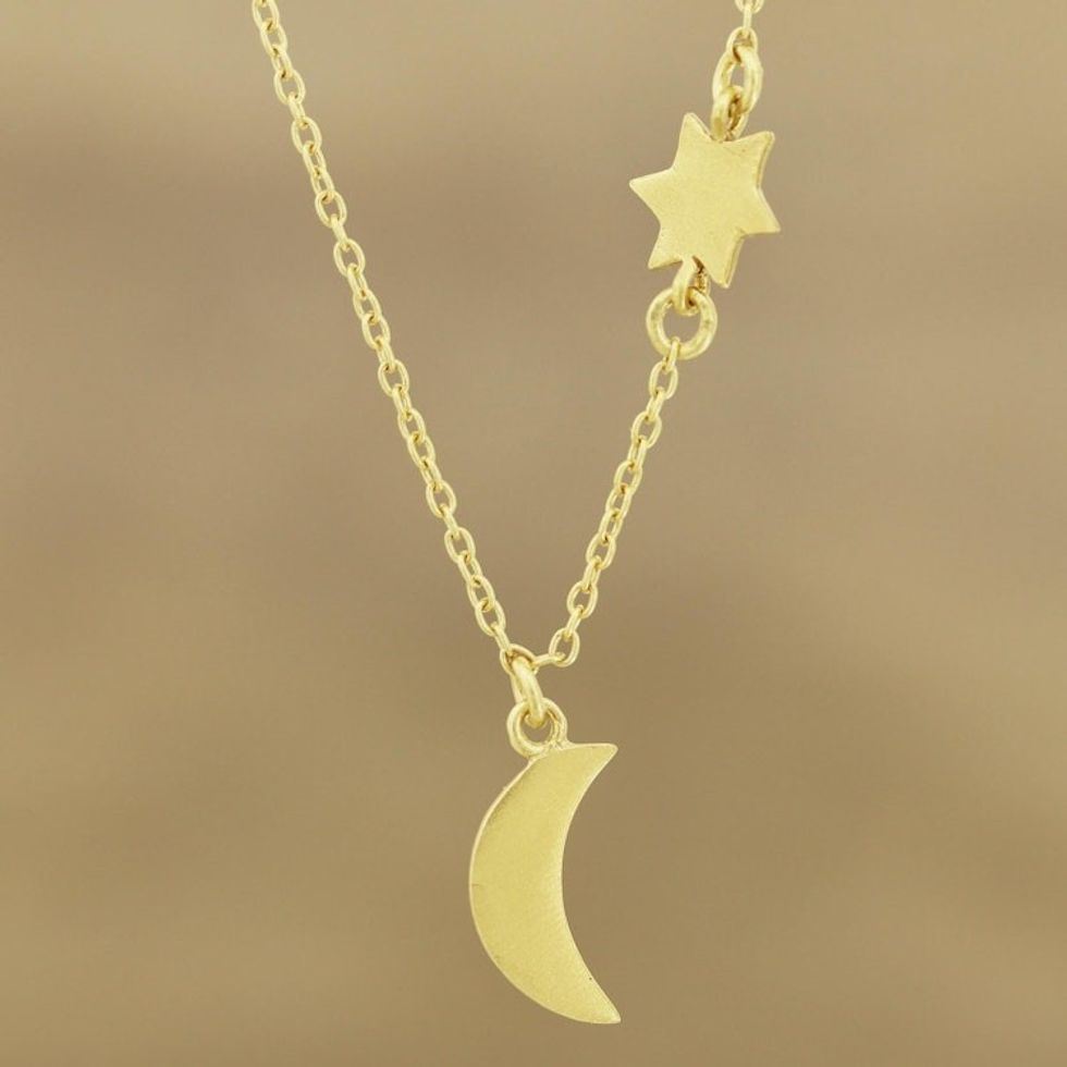 Gold Plated Sterling Silver Moon and Star Pendant Necklace 'Celestial Glisten'