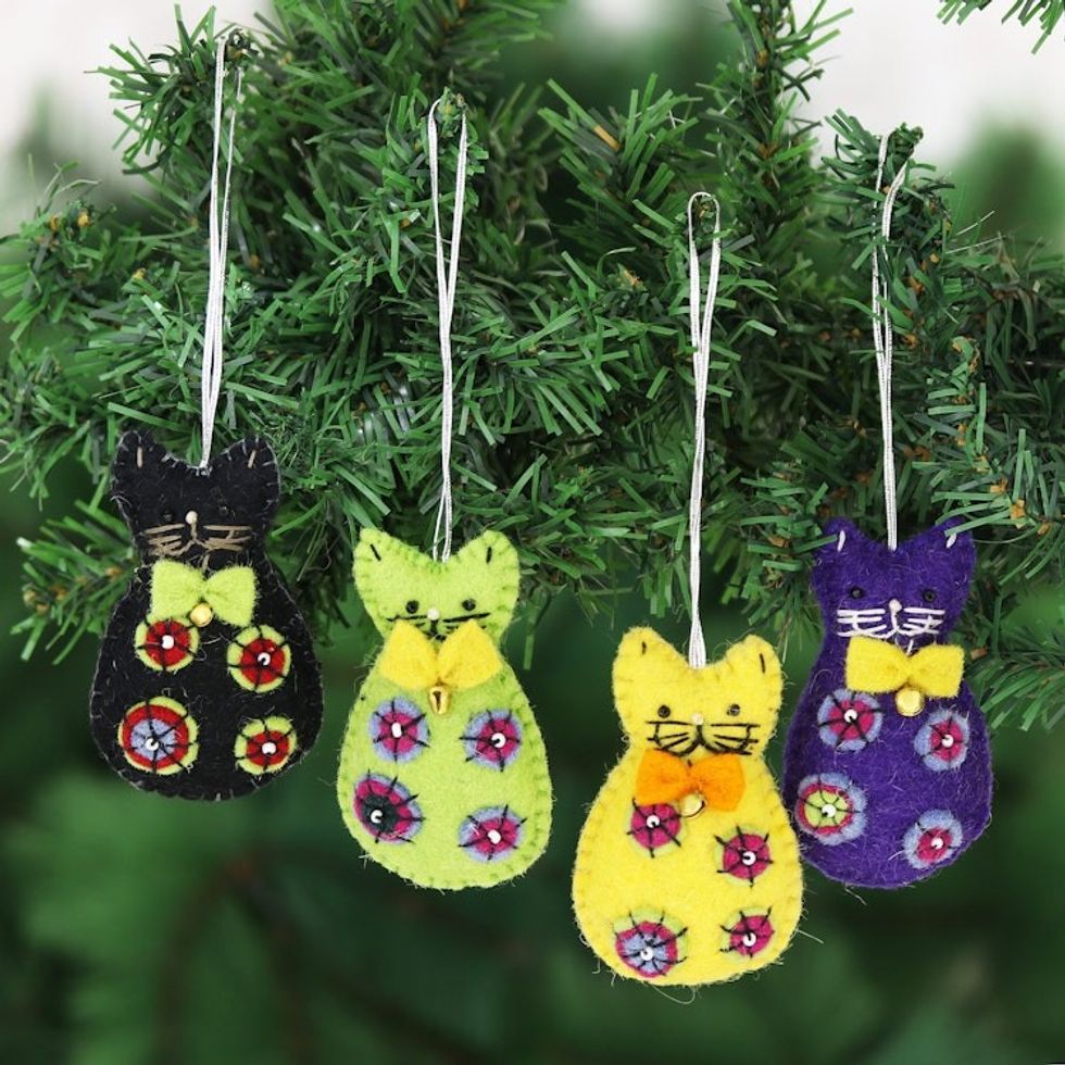 Set of 4 Colorful Cat Wool Felt Holiday Ornaments 'Crafty Cats'