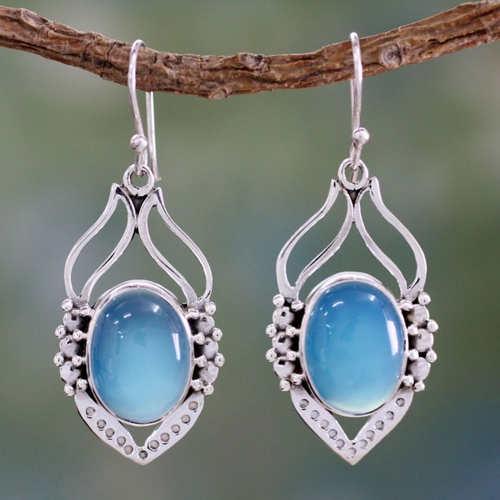 Blue Chalcedony Sterling Silver Earrings from India 'Passion Leaf'